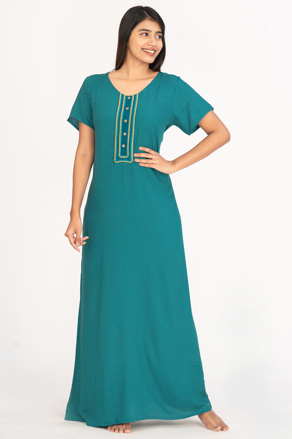 All Over Ditsy Polka Dot Print With Contrast Embroidered Yoke Nighty Green