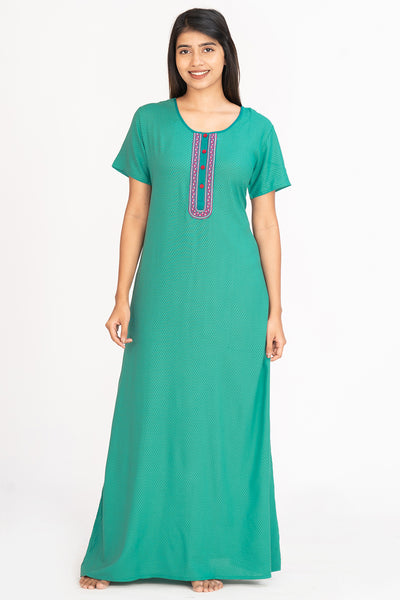 All Over Ditsy Polka Dot Printed With Embroidered Yoke Nighty Green