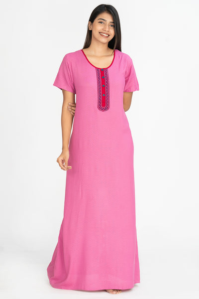 All Over Ditsy Polka Dot Printed With Embroidered Yoke Nighty Pink