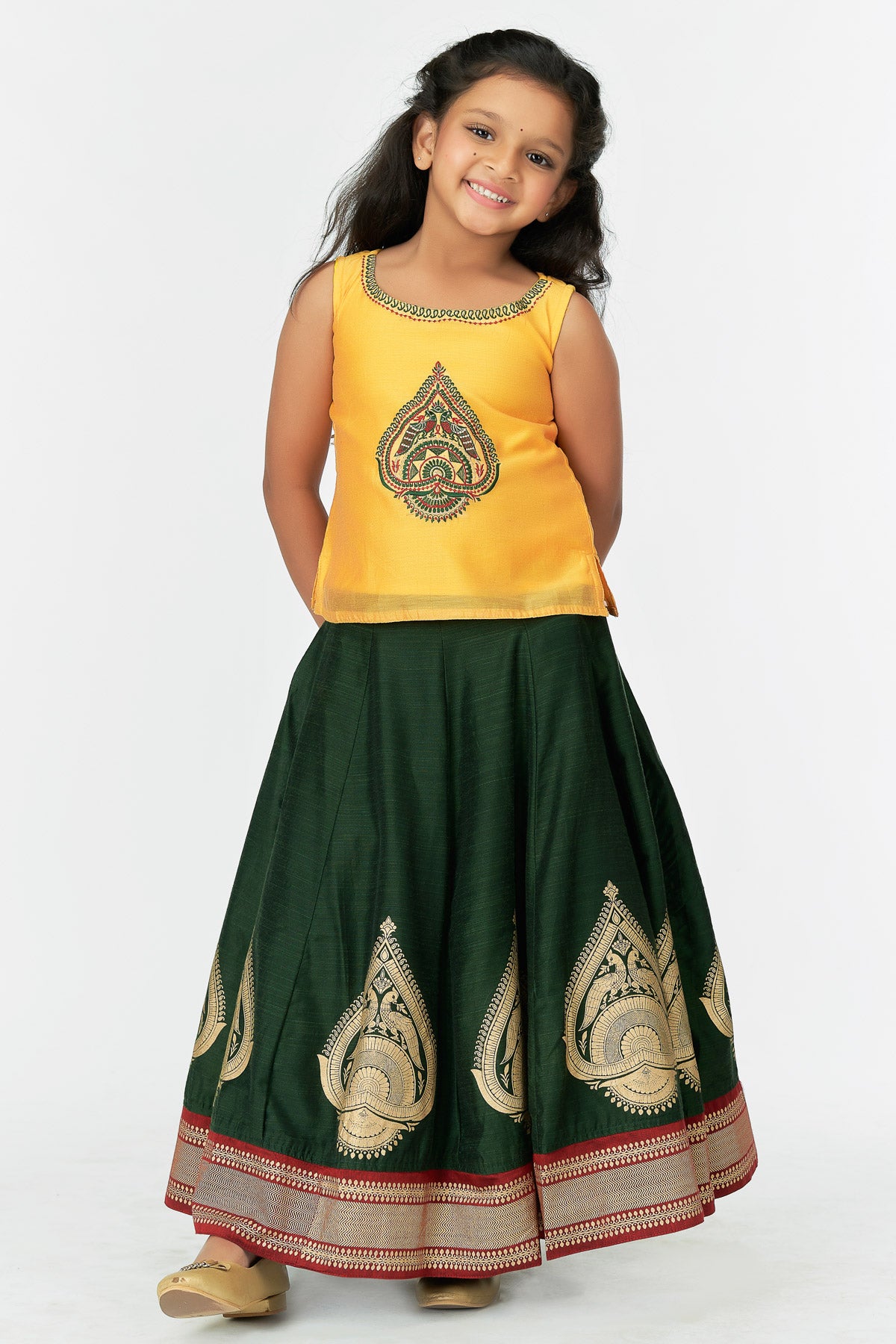Contrast Peacock Placement Embroidered Top Printed Panelled Skirt Set Yellow Green