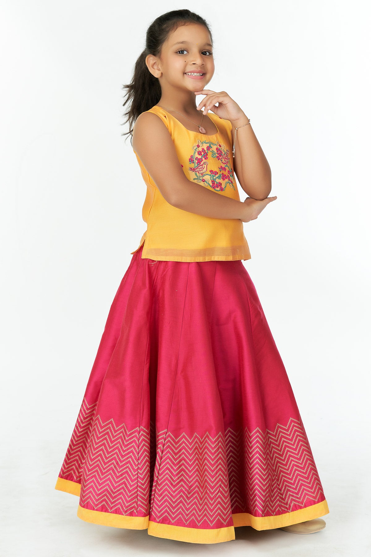 Bird Garland Embroidered Sleeveless Top Chevron Printed Skirt Set Yellow Pink