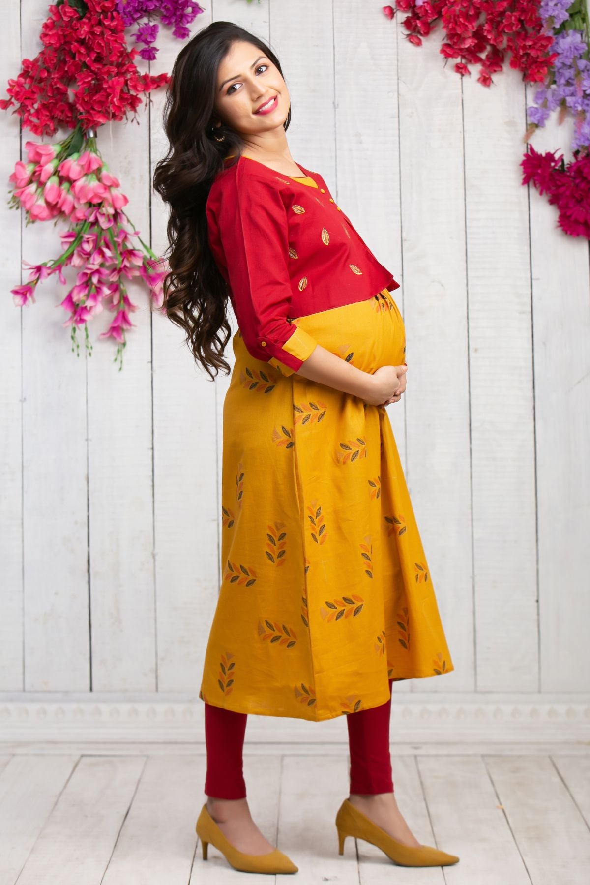 Quirky leaf printed maternity kurta - Mustard