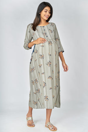 Floral & Dotted Print Maternity Women's Long Dress- Grey
