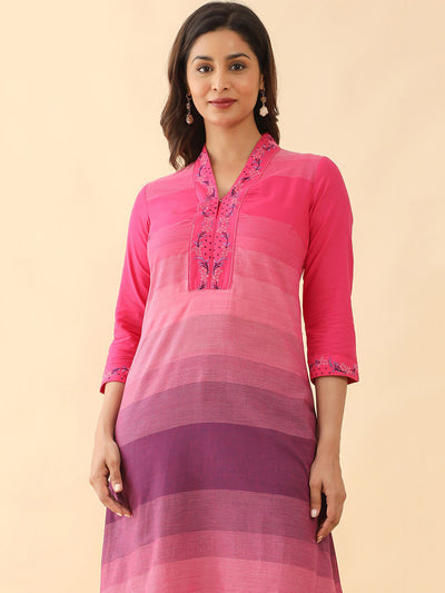 Floral Embroidered With Strips Printed Kurta Pink