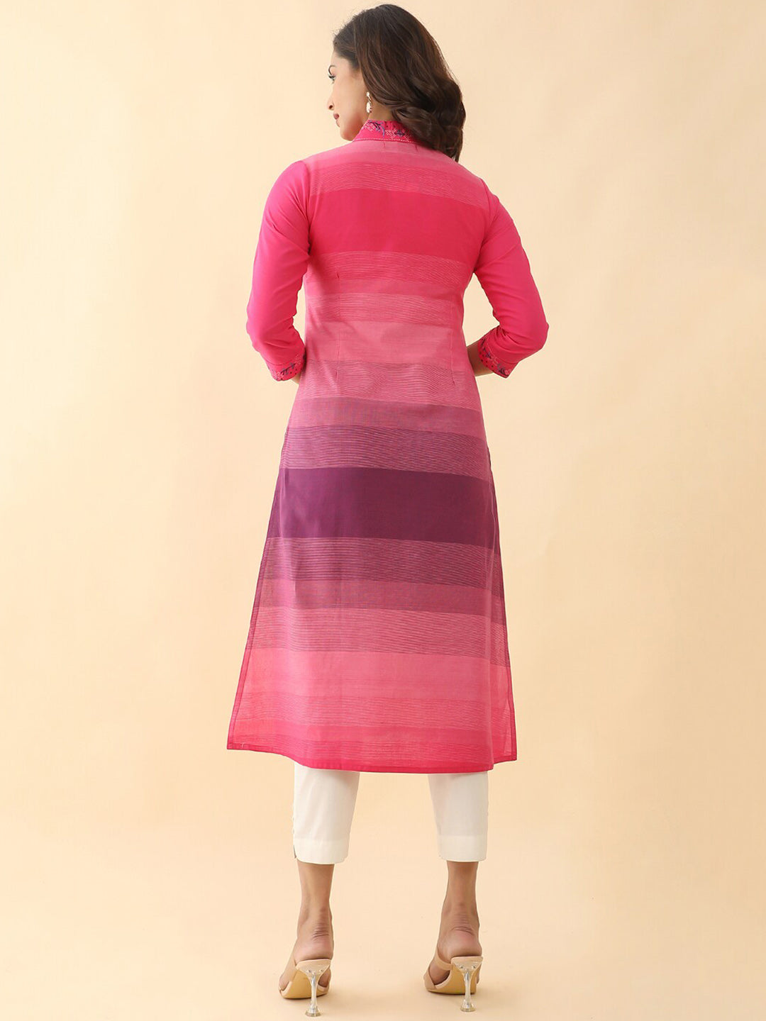 Floral Embroidered With Strips Printed Kurta Pink