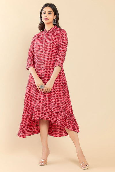 Abstract Printed A Line Kurta Red