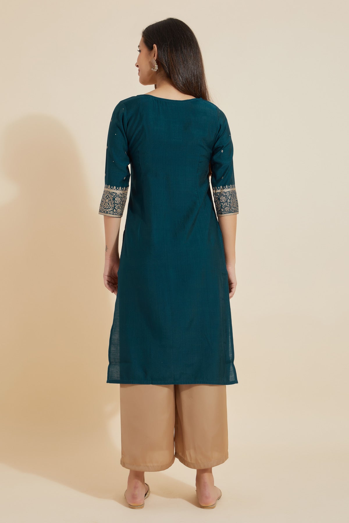 Jewel Inspired Embroidered Neckline With Contemporary Printed Border - Blue