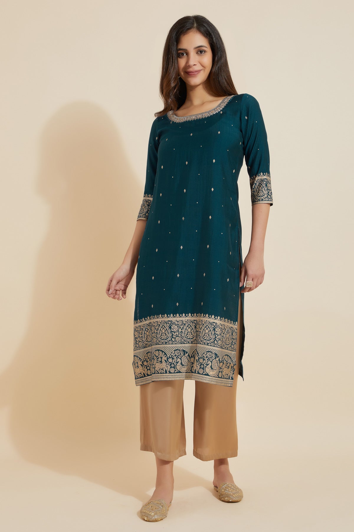 Jewel Inspired Embroidered Neckline With Contemporary Printed Border - Blue