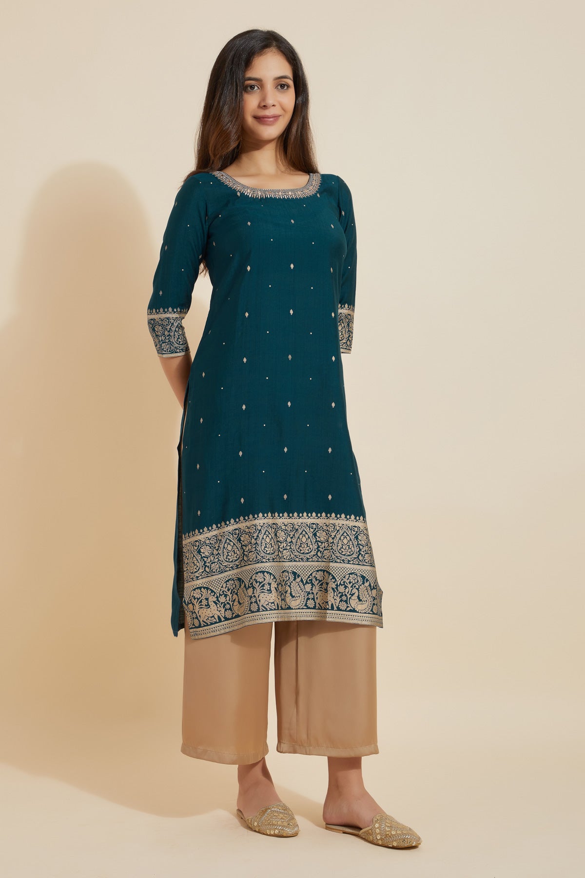 Jewel Inspired Embroidered Neckline With Contemporary Printed Border - Blue