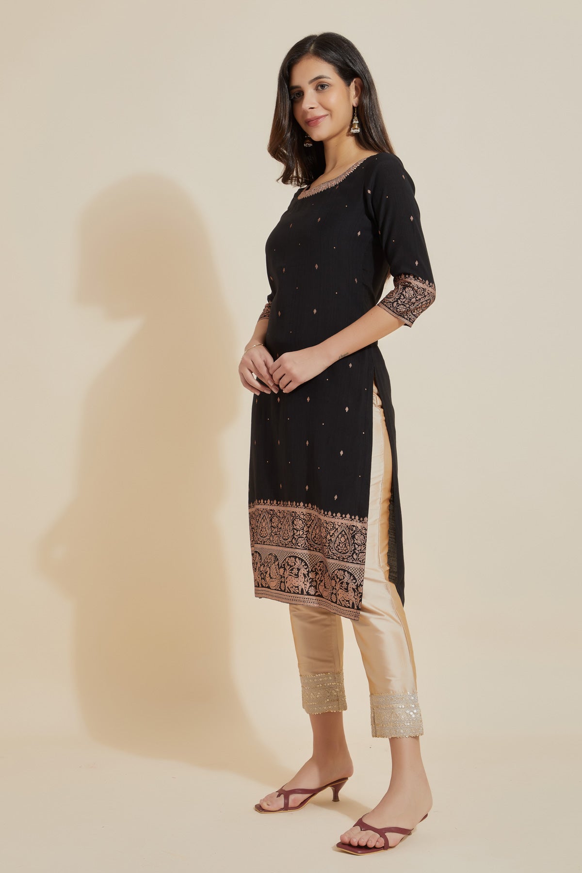 Jewel Inspired Embroidered Neckline With Contemporary Printed Border - Black