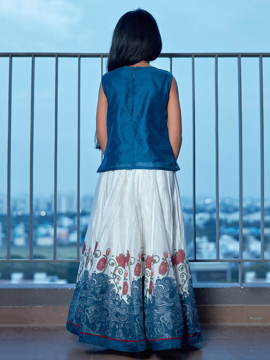 Contrast Floral Motif Placement Embroidered Top &  Printed Skirt Set - Blue & Off-White