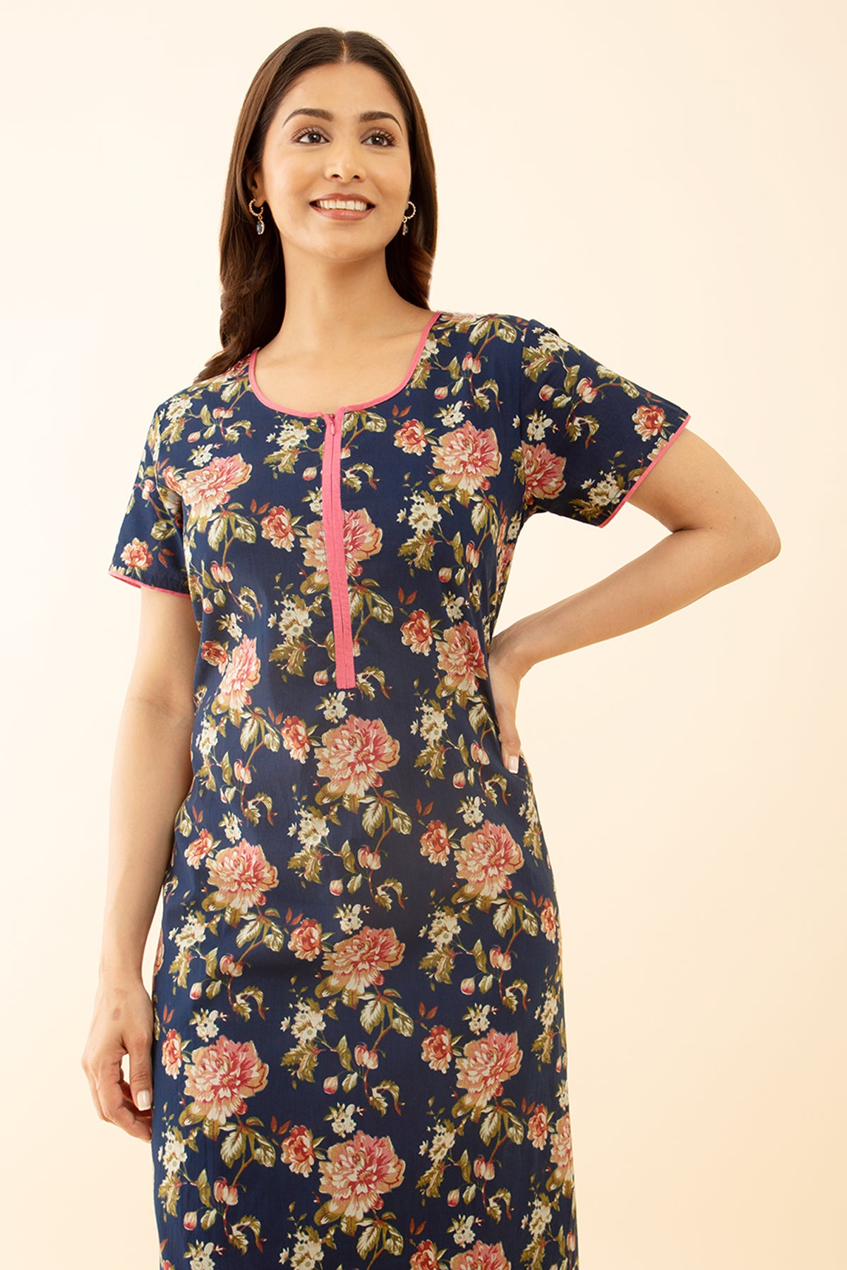 Stylish Zip Blue Nighty Buttercup Flower Printed