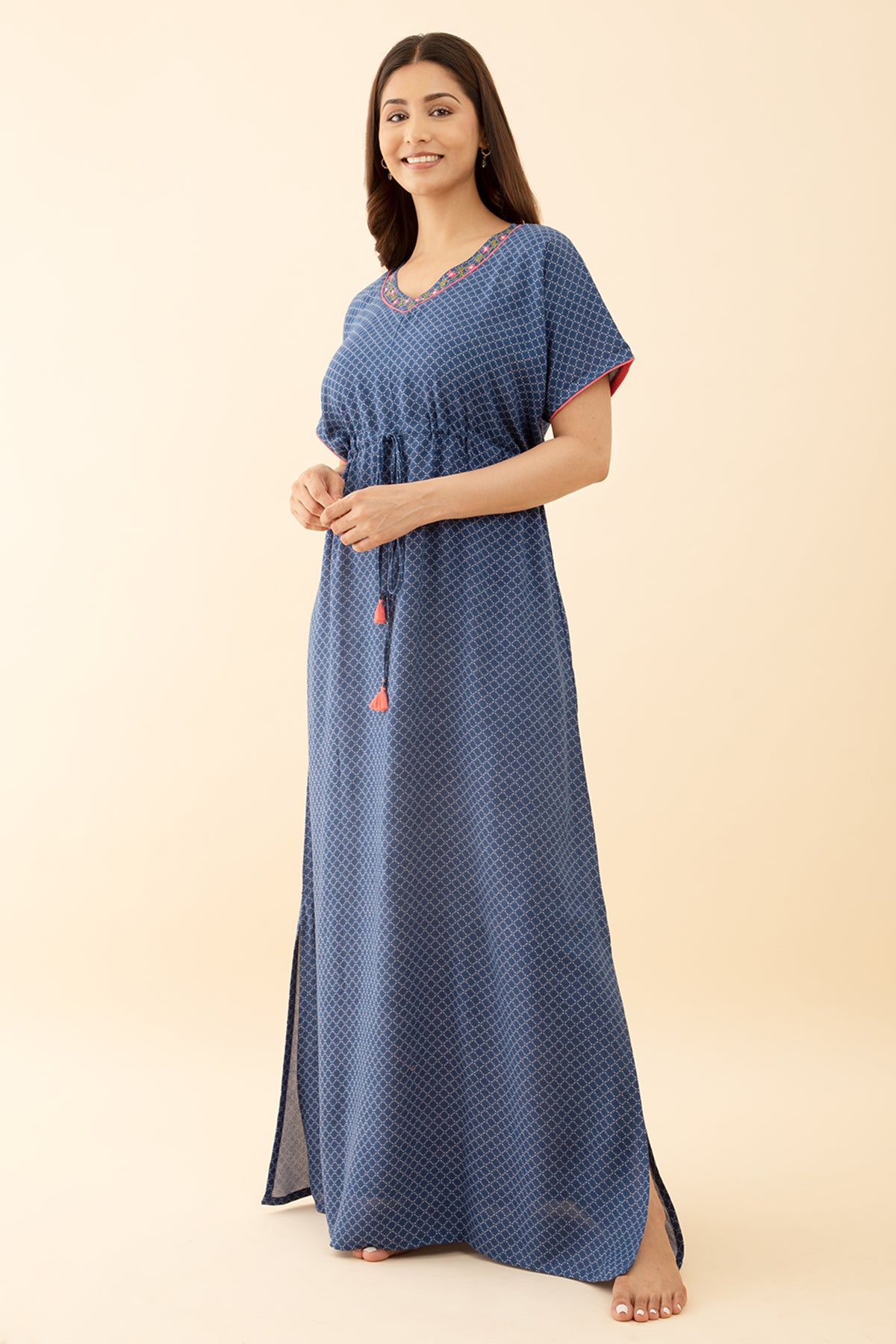 Stylish Slit Nighty Blue Printed Embroidered