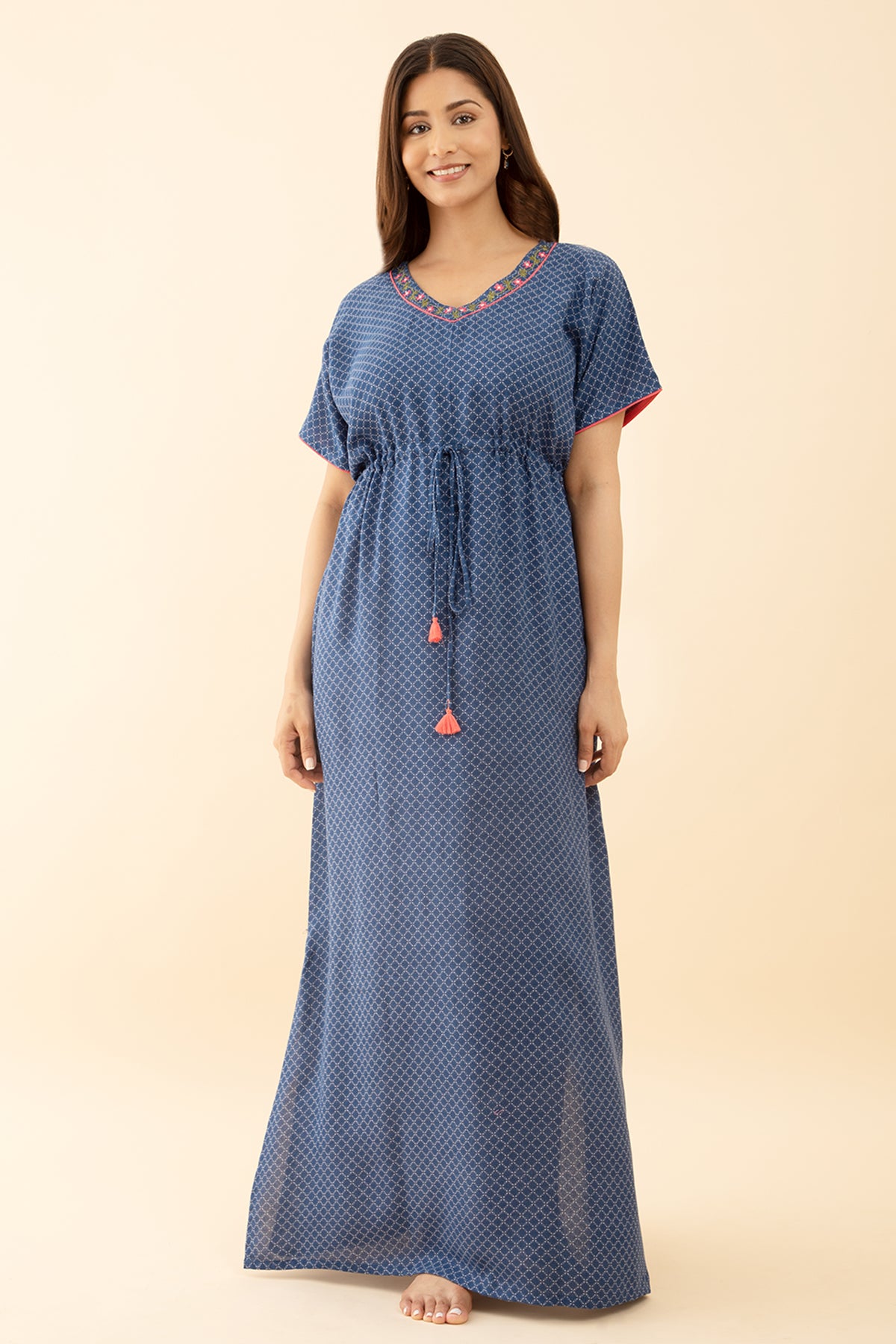 Stylish Slit Nighty Blue Printed Embroidered