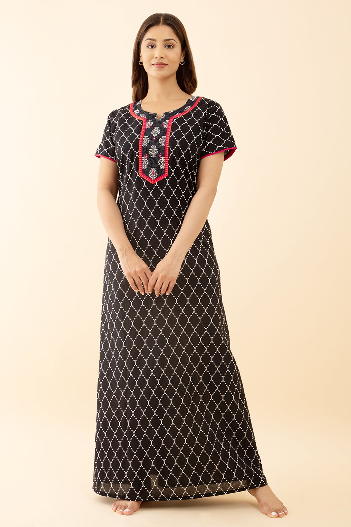 Black Embroidered Printed Nighty Geometric Designs