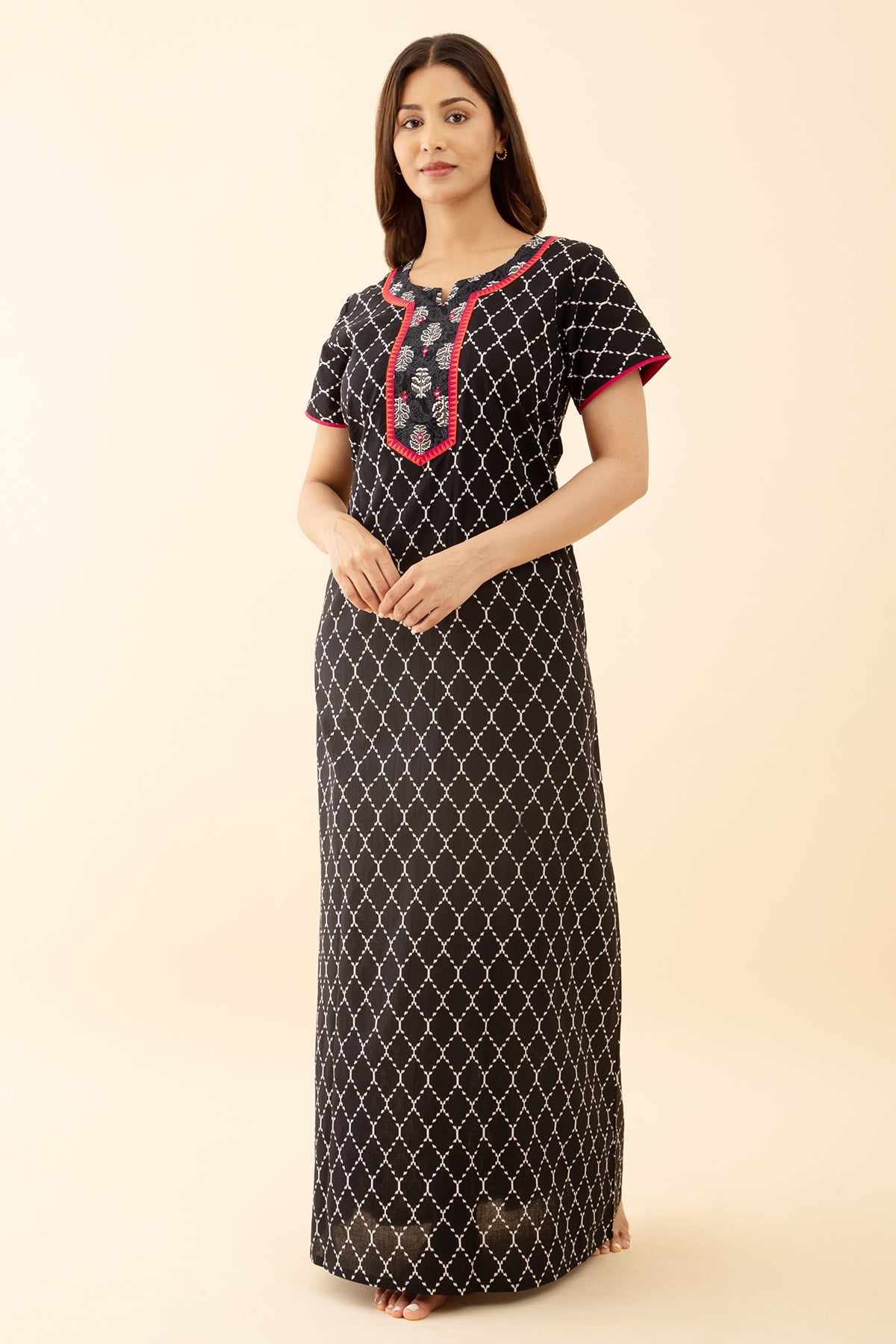 Black Embroidered Printed Nighty Geometric Designs