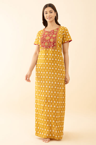 Mustard Embroidered Nighty Geometric Floral Printed