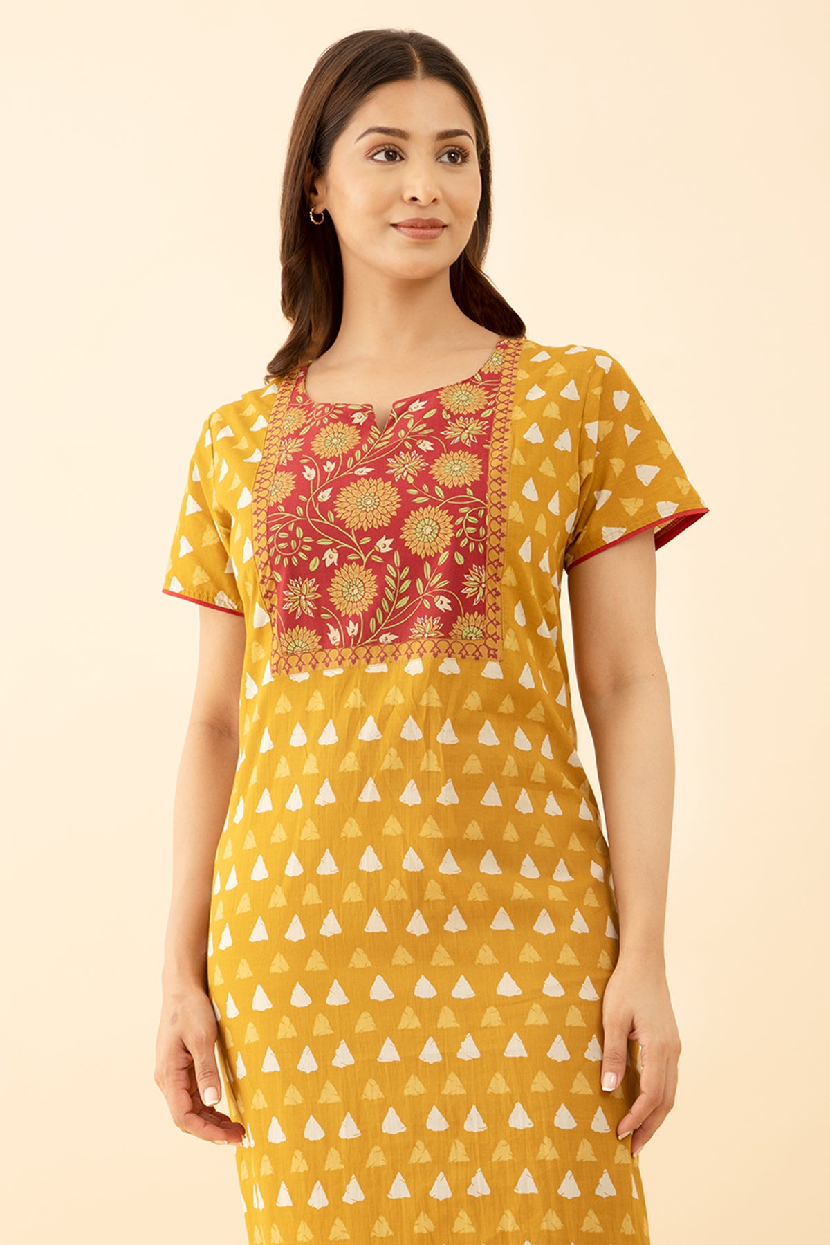Mustard Embroidered Nighty Geometric Floral Printed