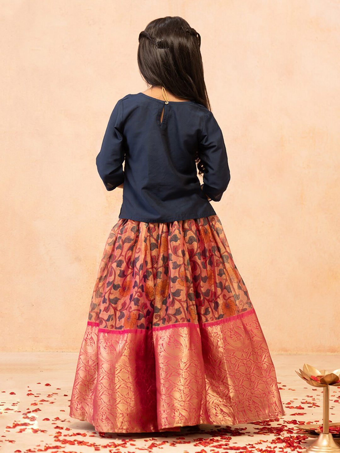 Contrast Placement  Peacock Embroidered Top All Over Digital Floral Skirt Set Navy Pink