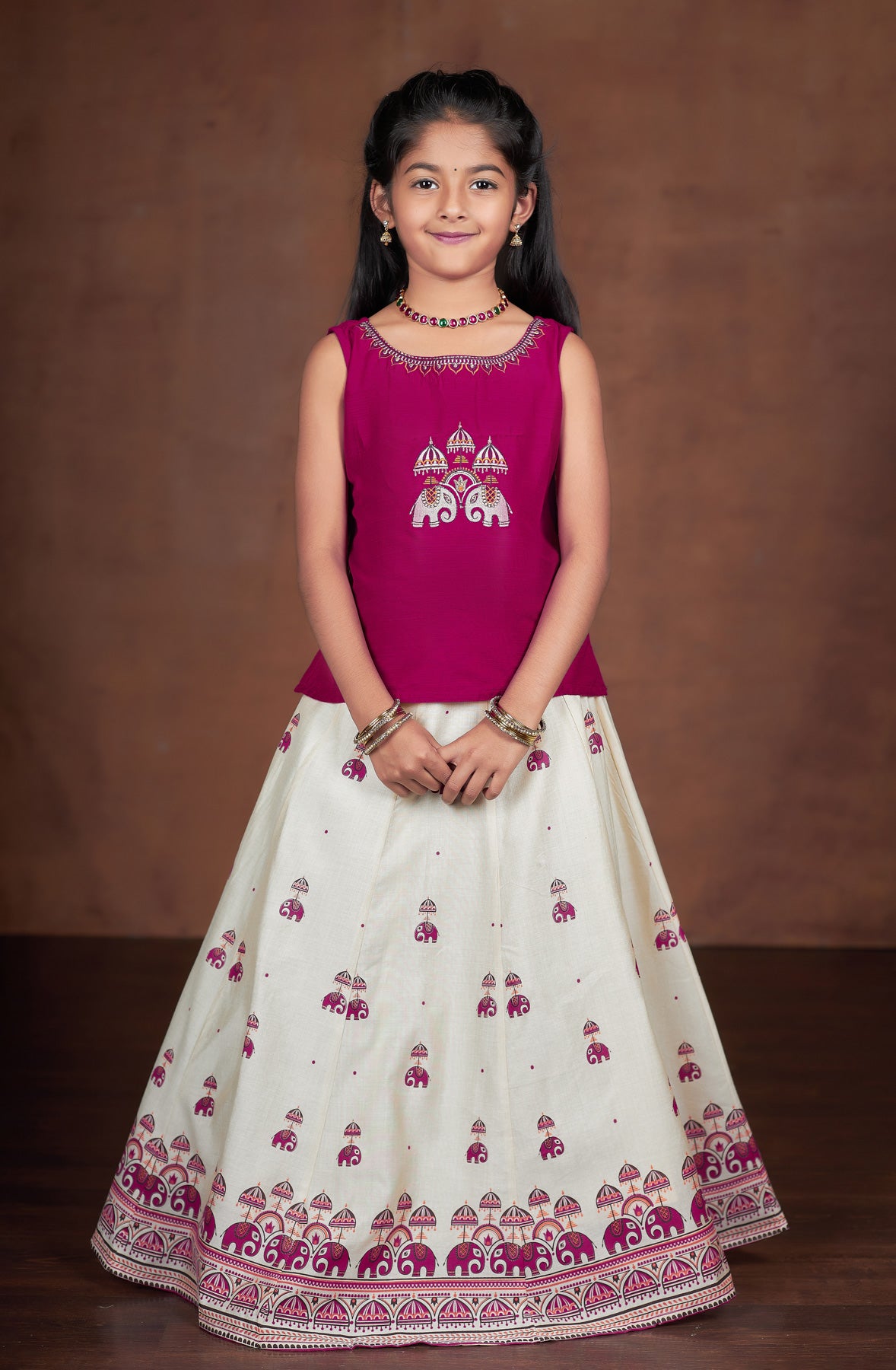 Elephant Motif Placement Embroidered Top & Printed Skirt Set - Pink & Off-White