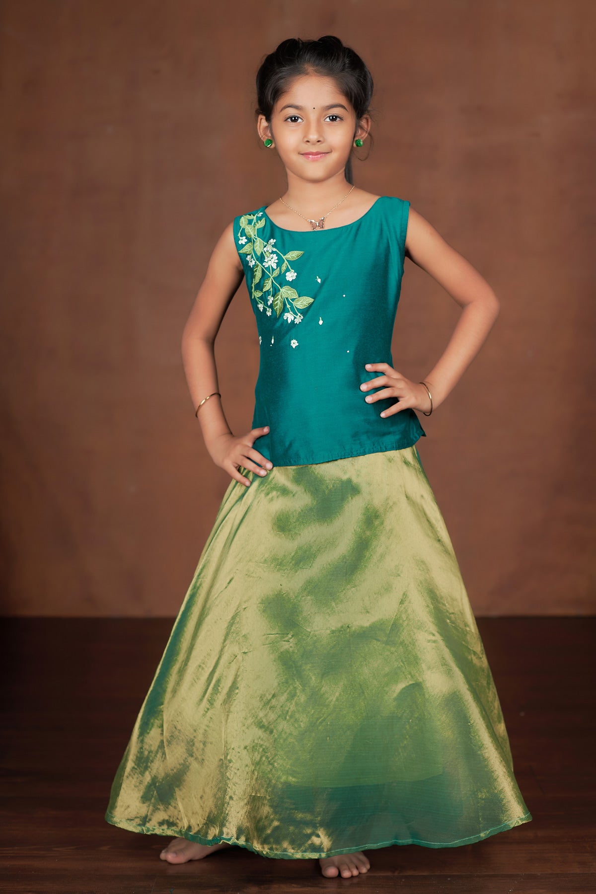 Floral Motif Placement Embroidered Top & Solid Skirt Set - Green