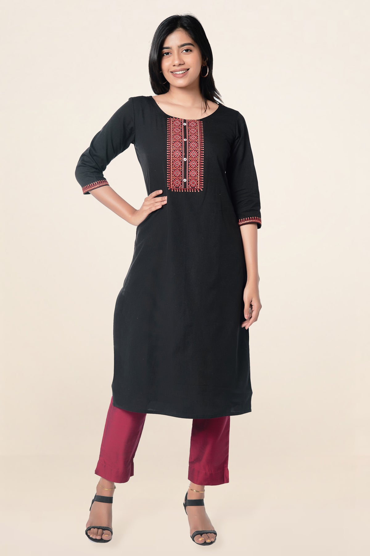 Contrast Geometric Motif Embroidery With Foil Mirror Butta Embellished Kurta Black