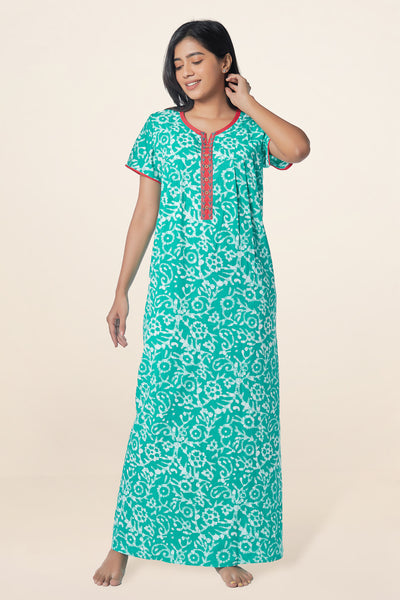 All Over Batik Printed with Embroidered Yoke - Green