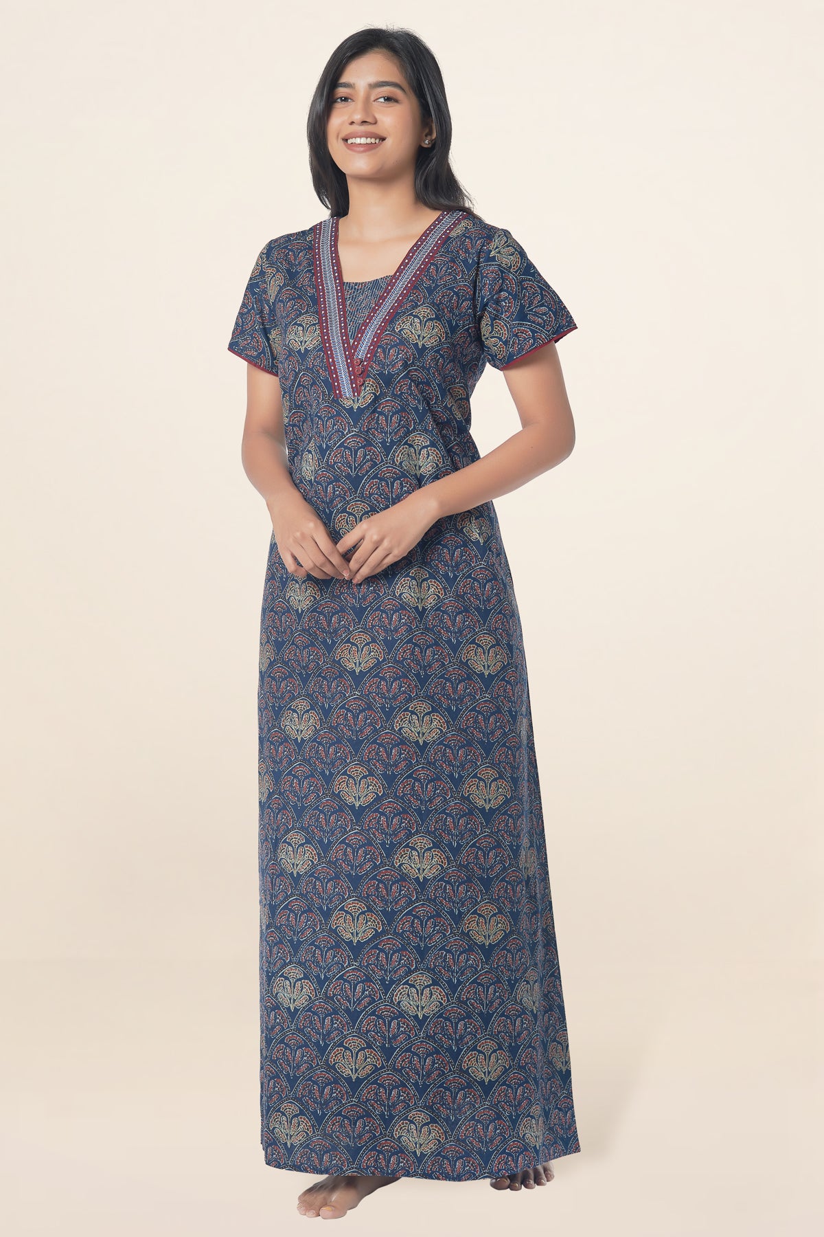 All Over Ajrak Printed With Yoke Embroidered Nighty Blue
