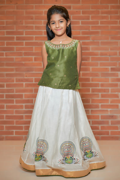 Contrast Floral Motif Embroidered Top &  Kathakali Applique Printed Skirt Set - Green & Off-White