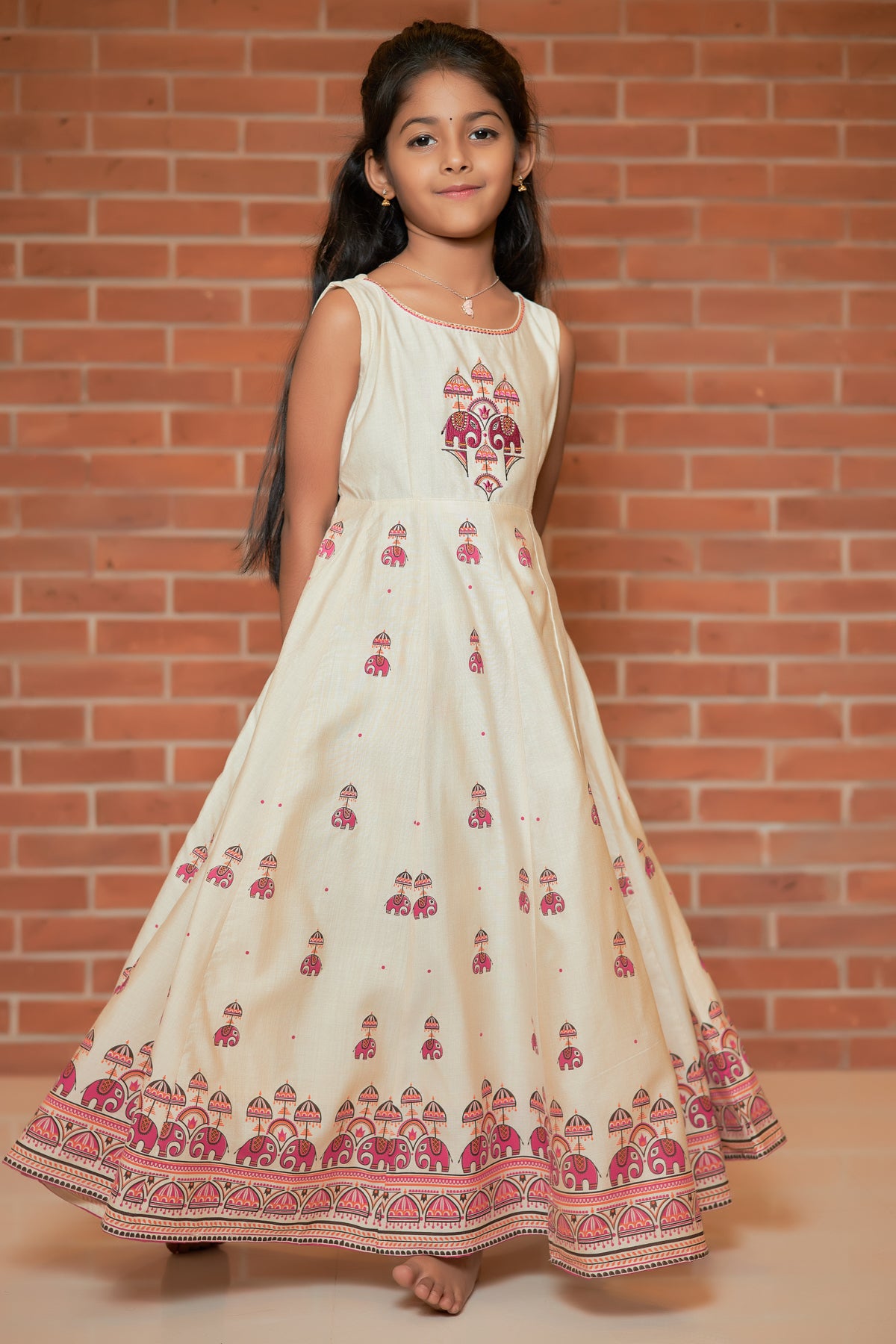 Elephant Motif Placement Embroidered & Printed Anarkali - Off-White