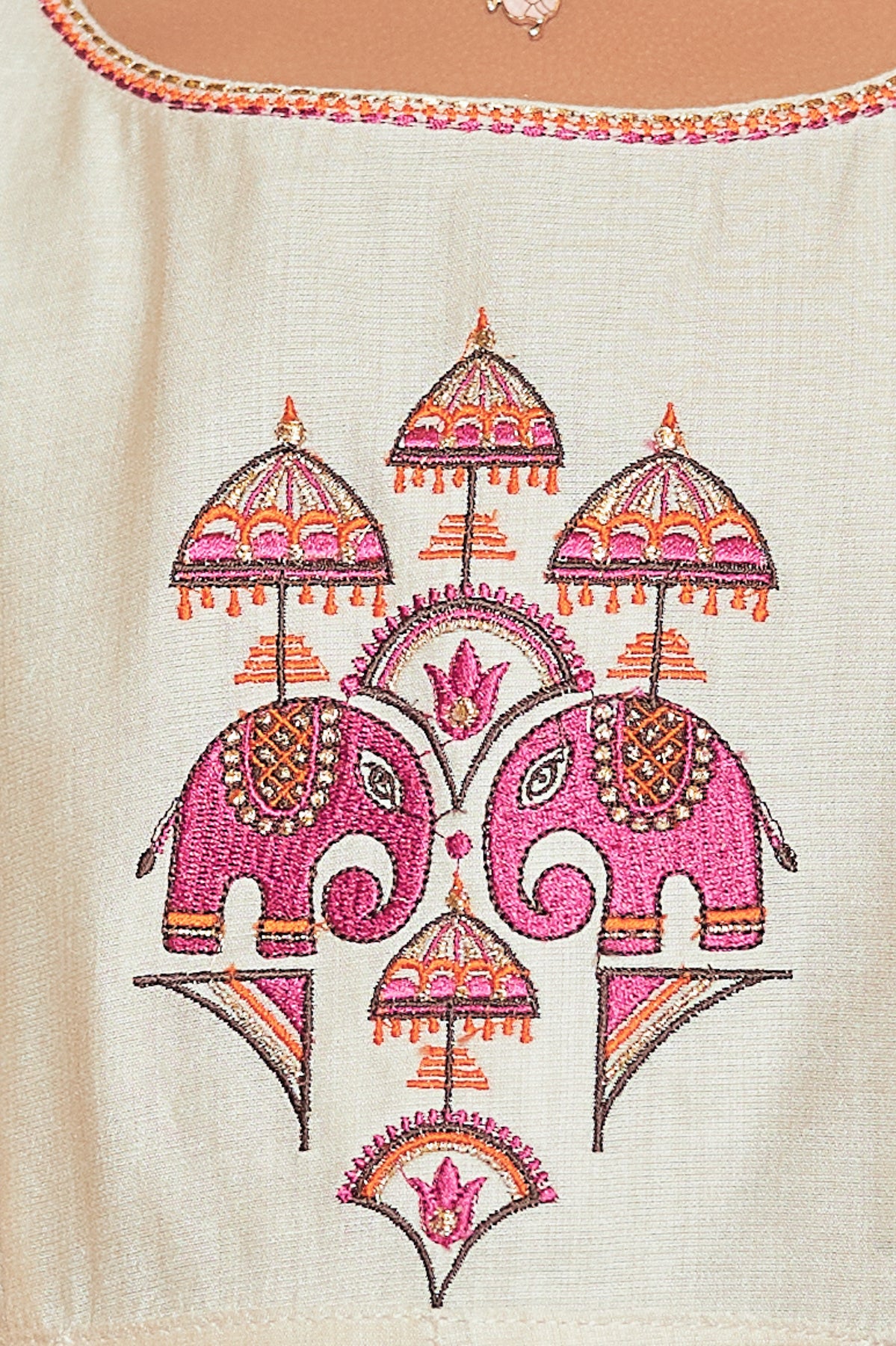 Elephant Motif Placement Embroidered & Printed Anarkali - Off-White