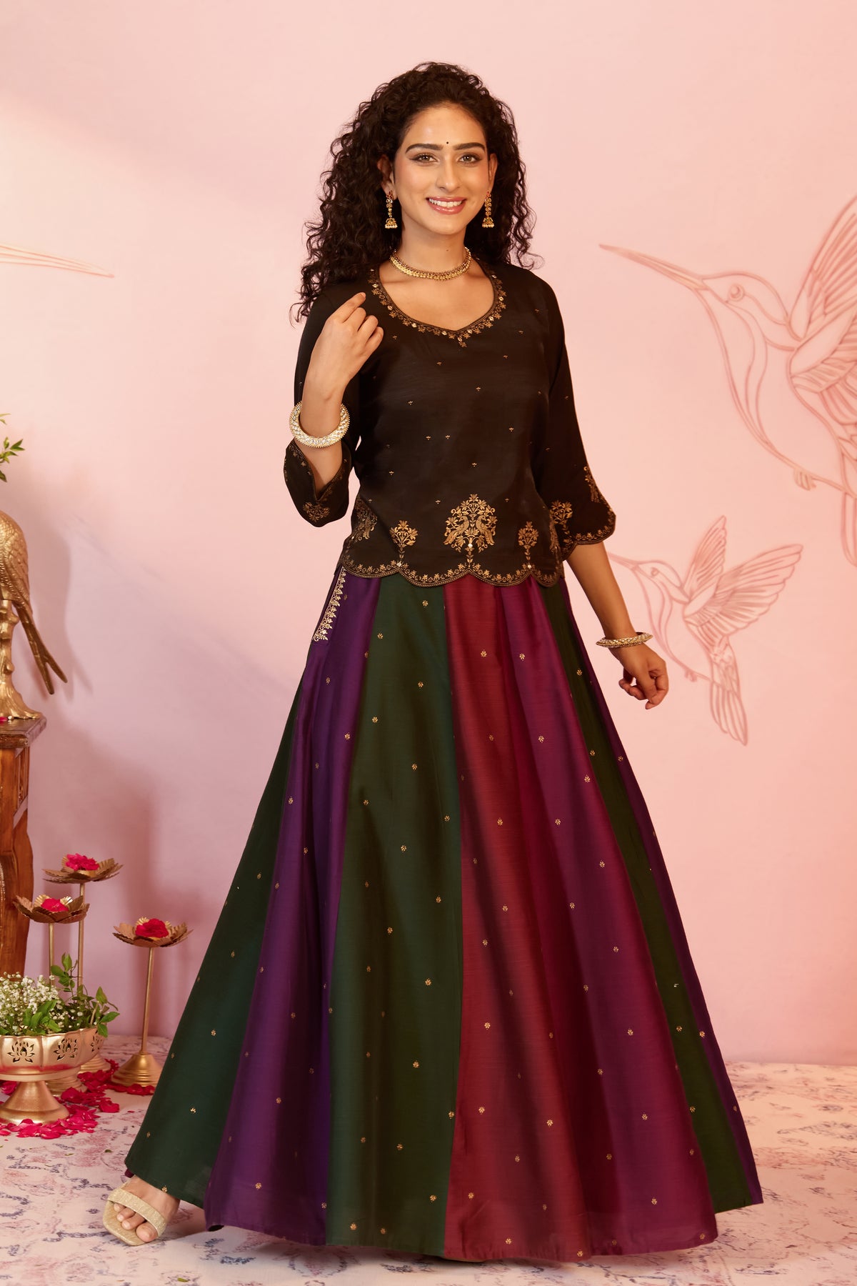 Black Floral Printed Silky Slub Tunic
