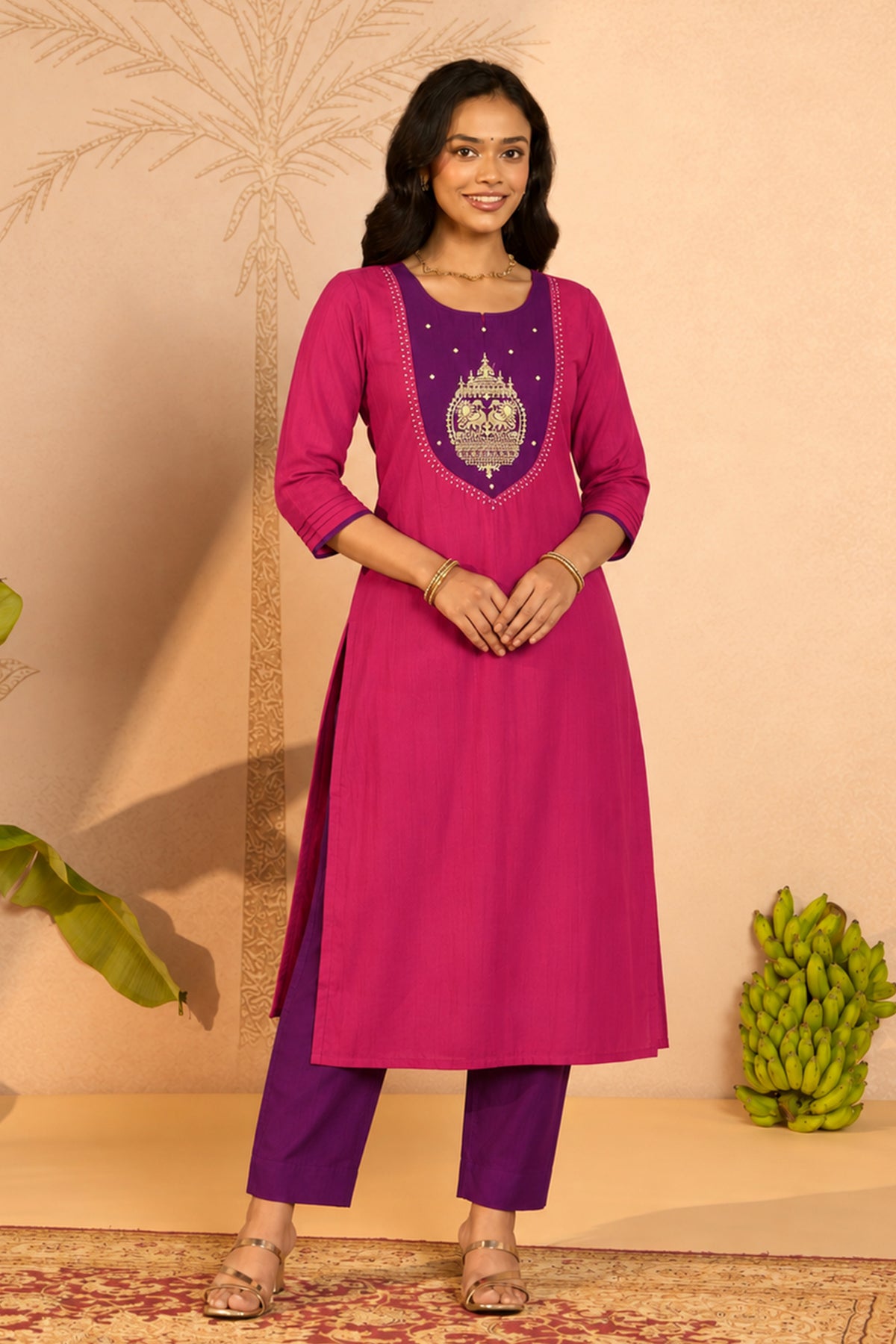 Pink Peacock Embroidery Straight Festive Kurta
