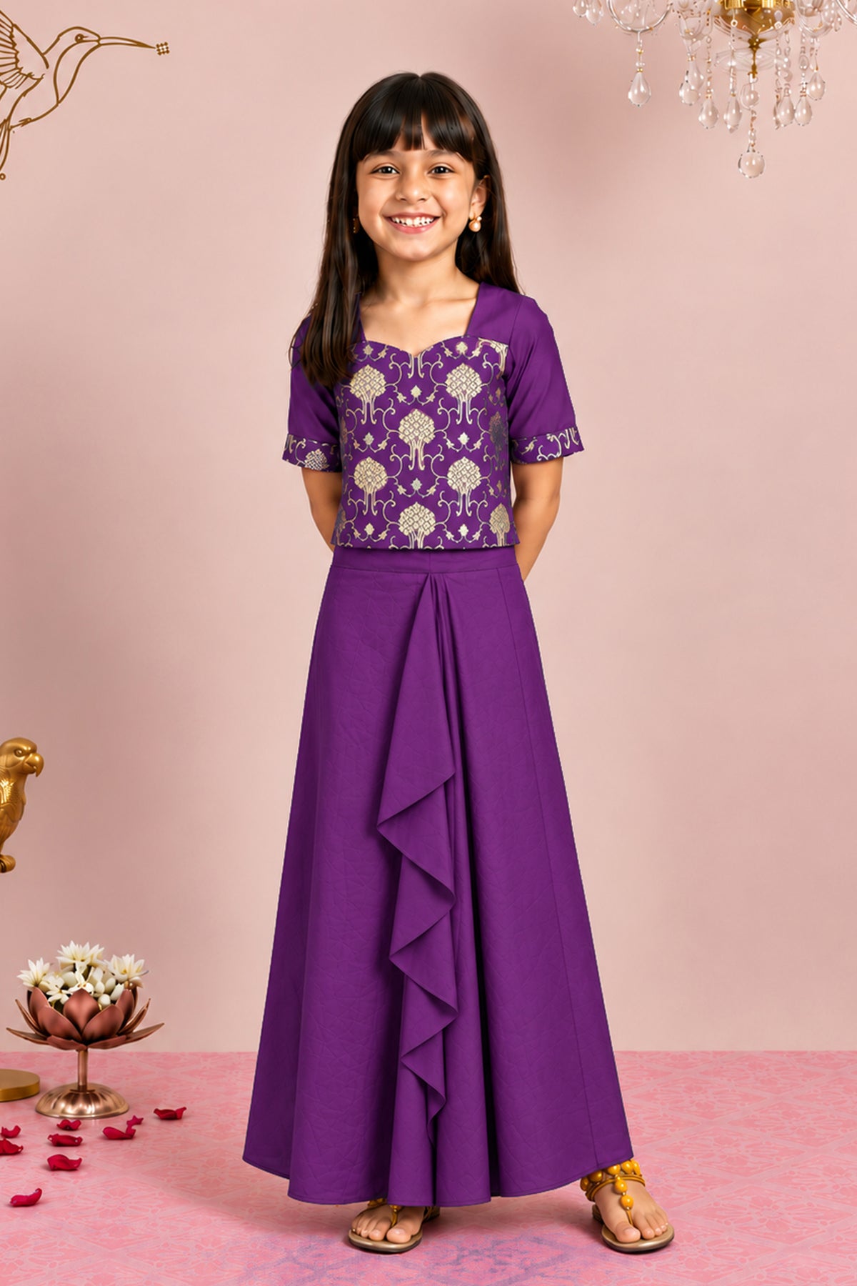 Purple Floral Brocade Draped Kids Skirt Set