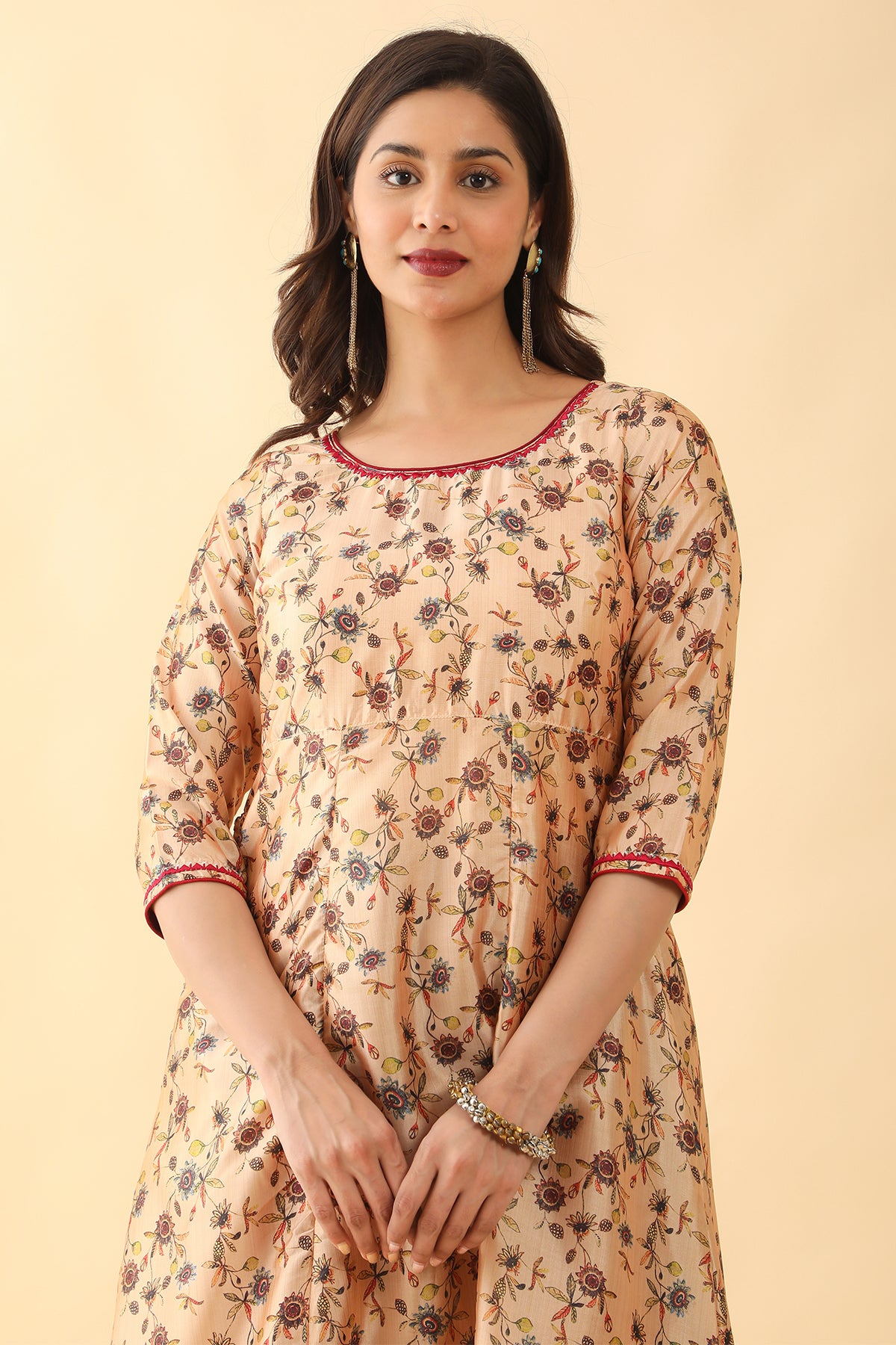 All Over Floral Digital Printed Kurta Set Peach Maroon