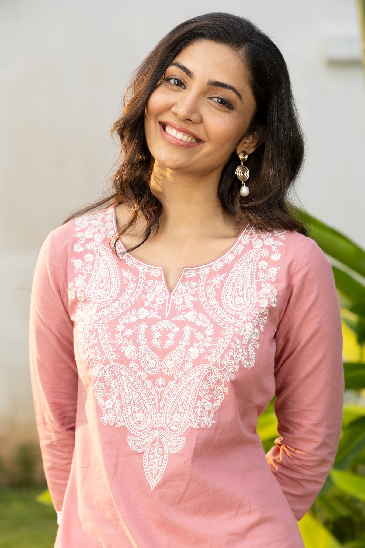 Solid Kurta in Pastel Hues with Paisley Embroidered Yoke - Pink