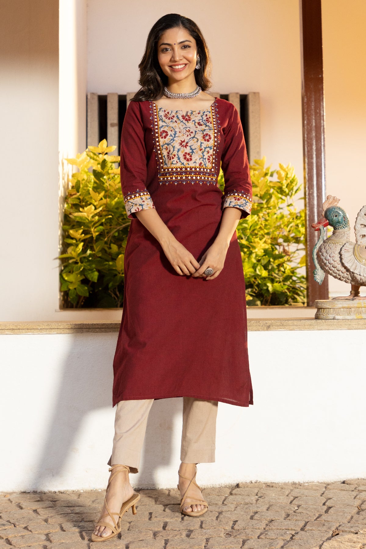 Solid Kurta with Kalamkari Yoke Patchwork Maroon