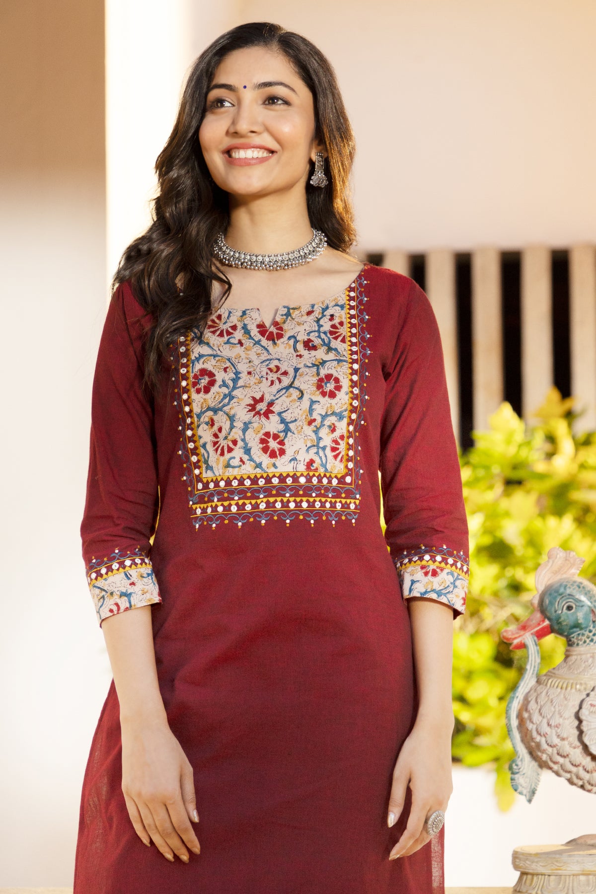 Solid Kurta with Kalamkari Yoke Patchwork Maroon