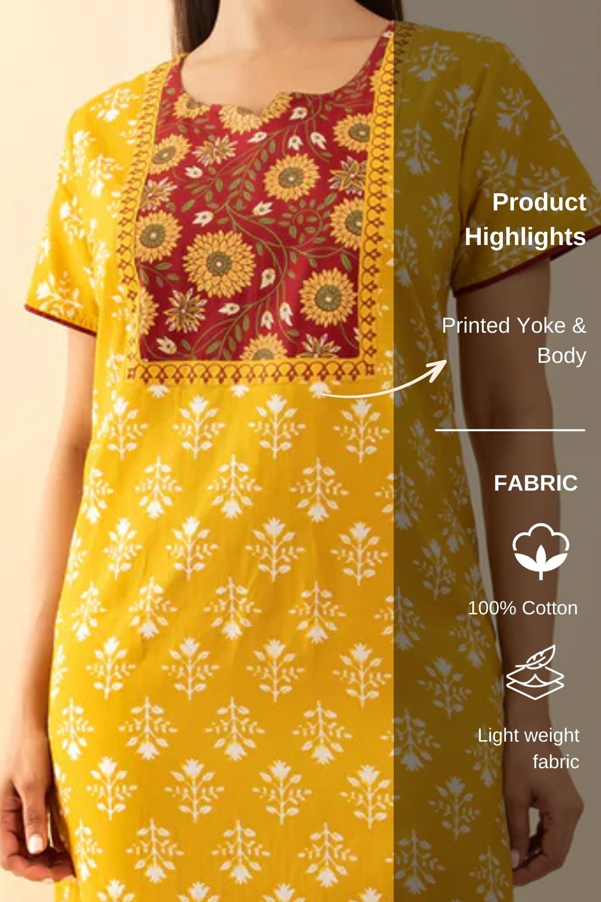 Floral Printed Cotton Nighty with Yoke Patchwork - Mustard