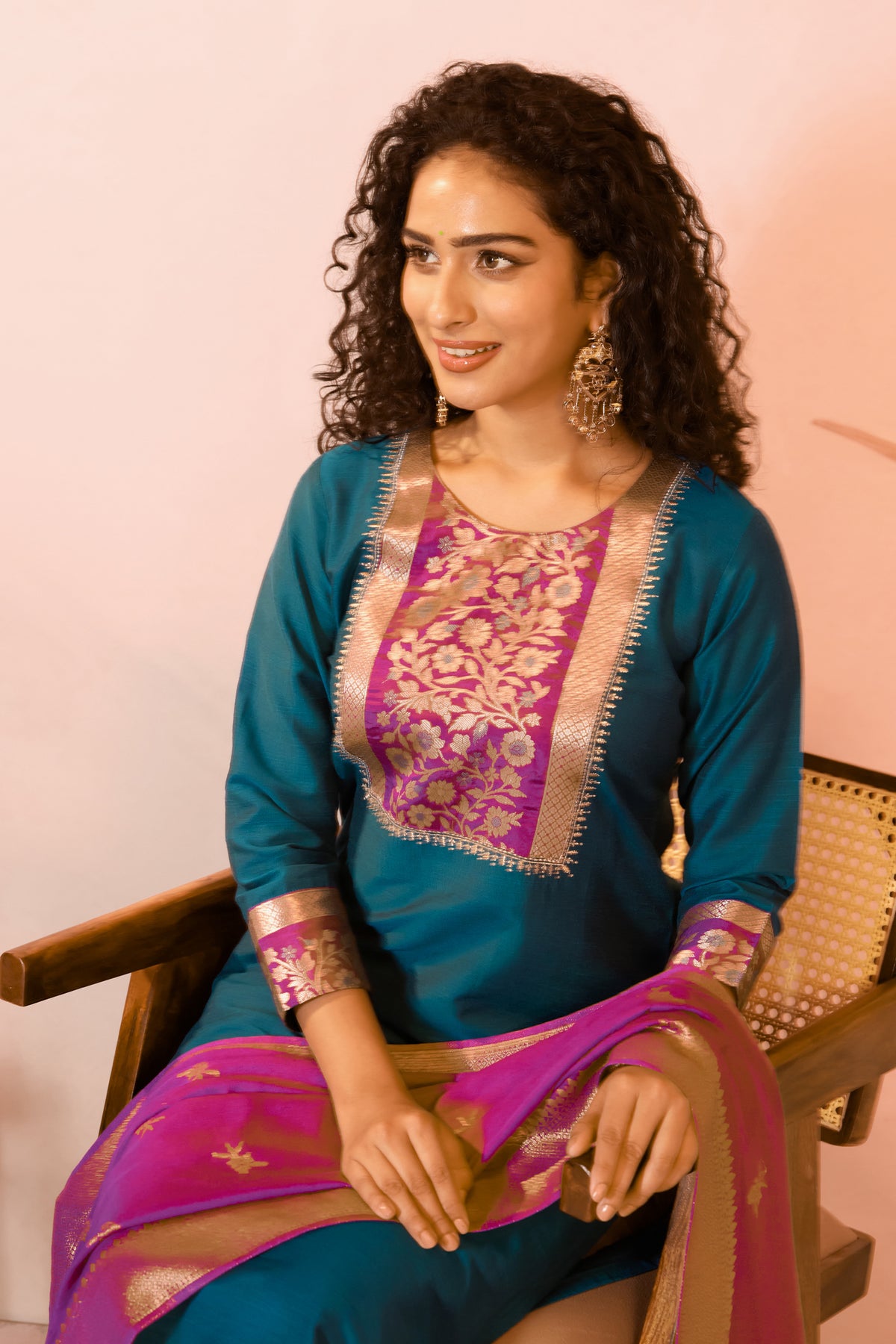 Peacock Blue Floral Yoke Straight Kurta Set With Brocade Dupatta