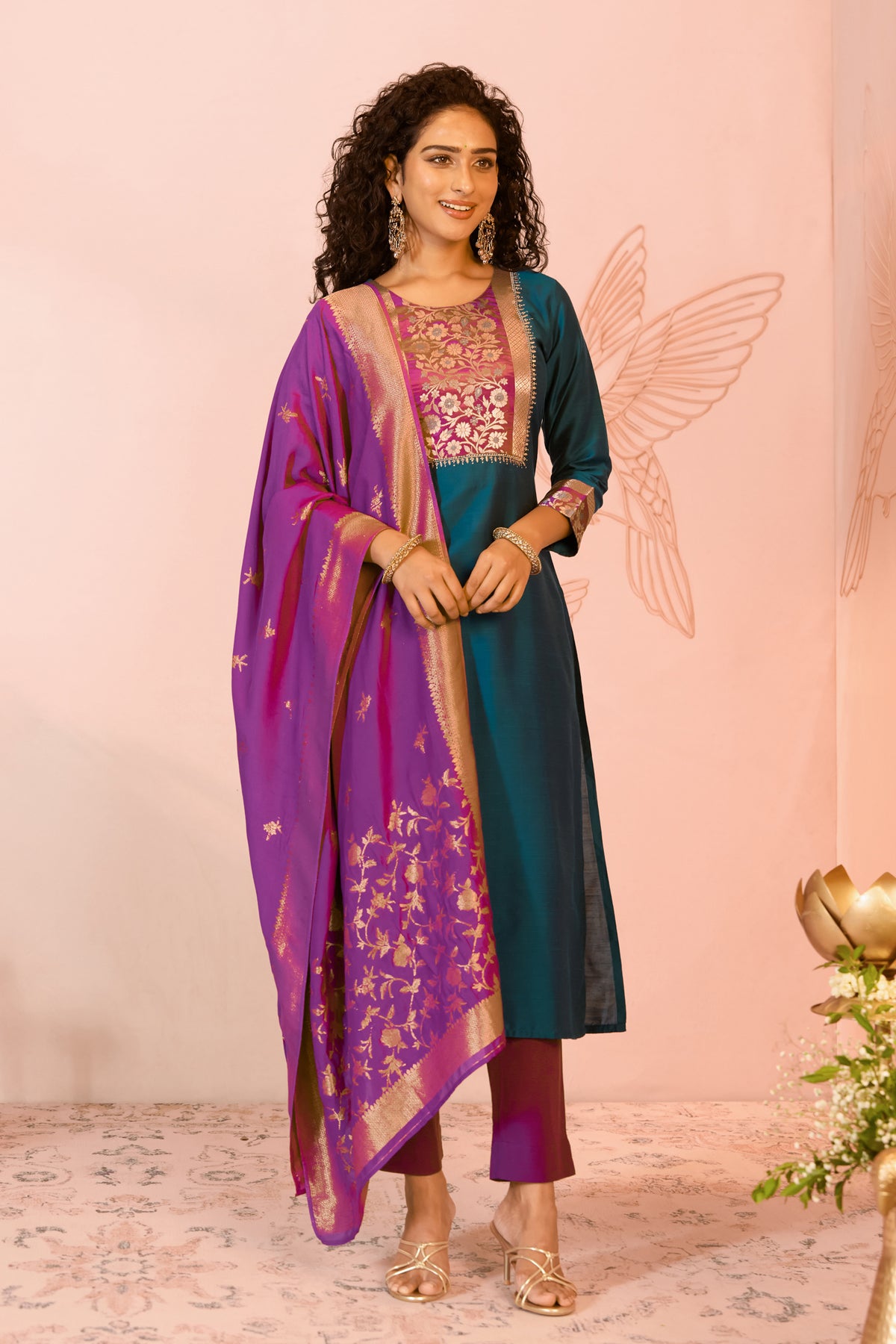 Peacock Blue Floral Yoke Straight Kurta Set With Brocade Dupatta