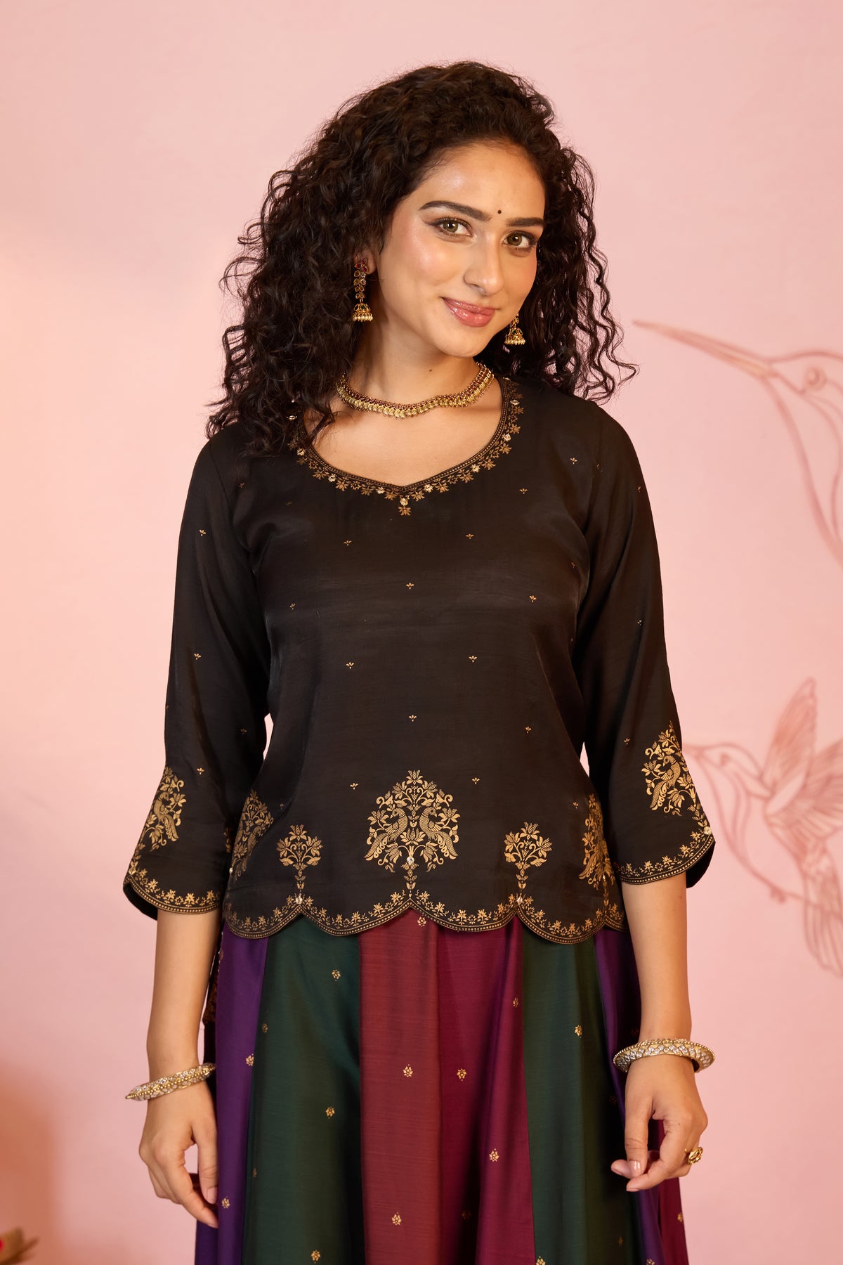 Black Floral Printed Silky Slub Tunic