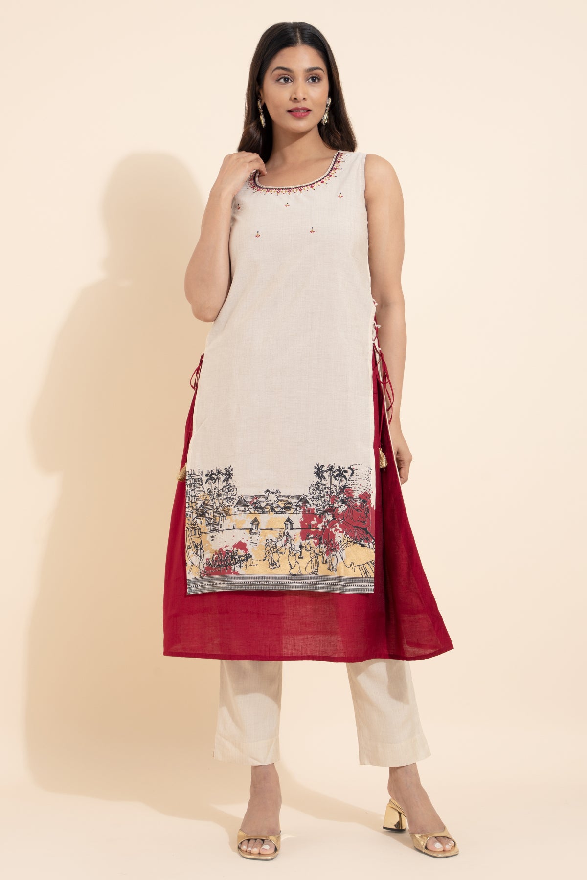 Kathakali Printed Layered Kurta with Side Tie-up - Off-white & Red