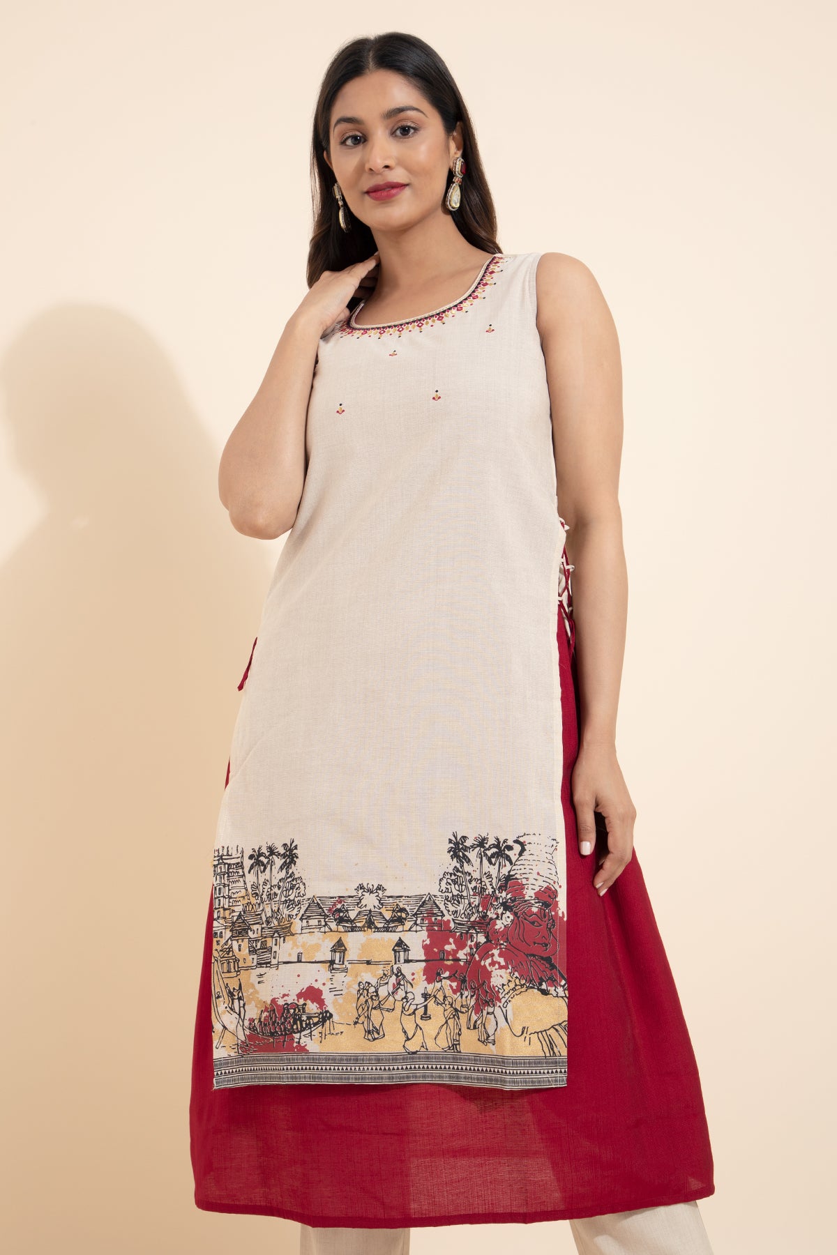 Kathakali Printed Layered Kurta with Side Tie-up - Off-white & Red