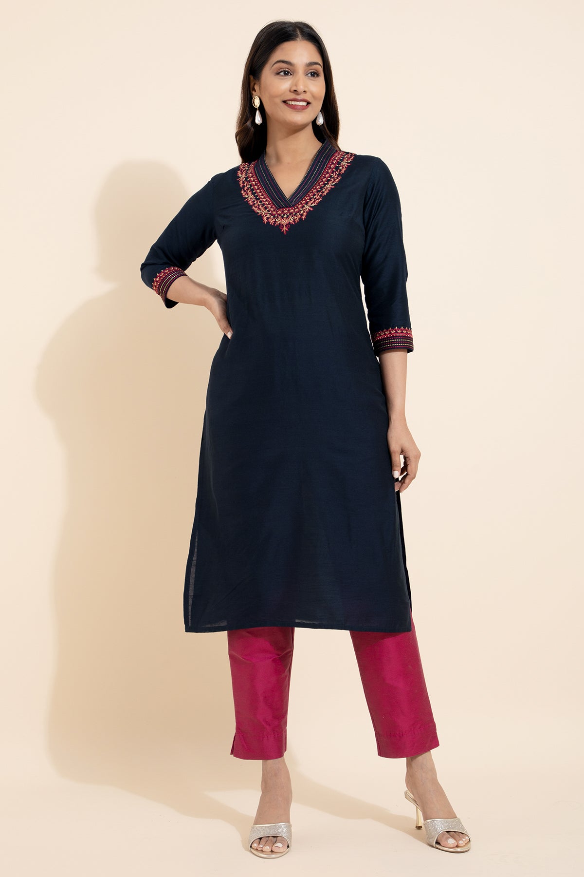 Floral Embroidered Kurta - Navy Blue