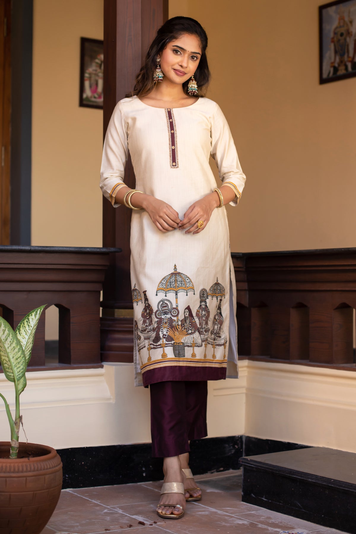Geometric Motif Embroidered With Kathakali Inspired Placement Printed Kurta Brown