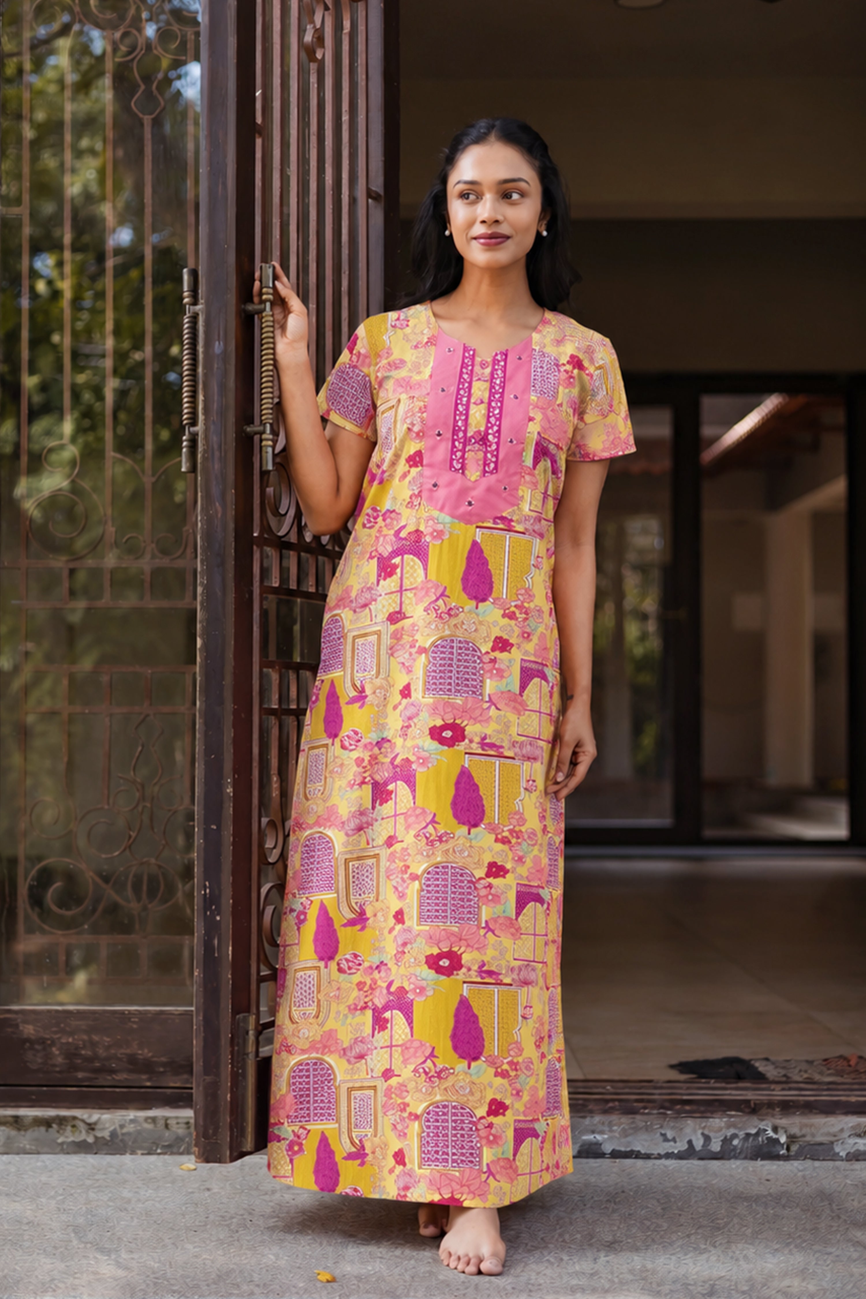 Yellow Jharokha Floral Cotton Nightwear
