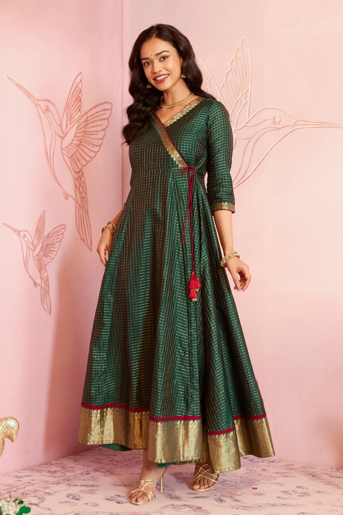 Green Checks With Wrap Tie-Up A-line Anarkali