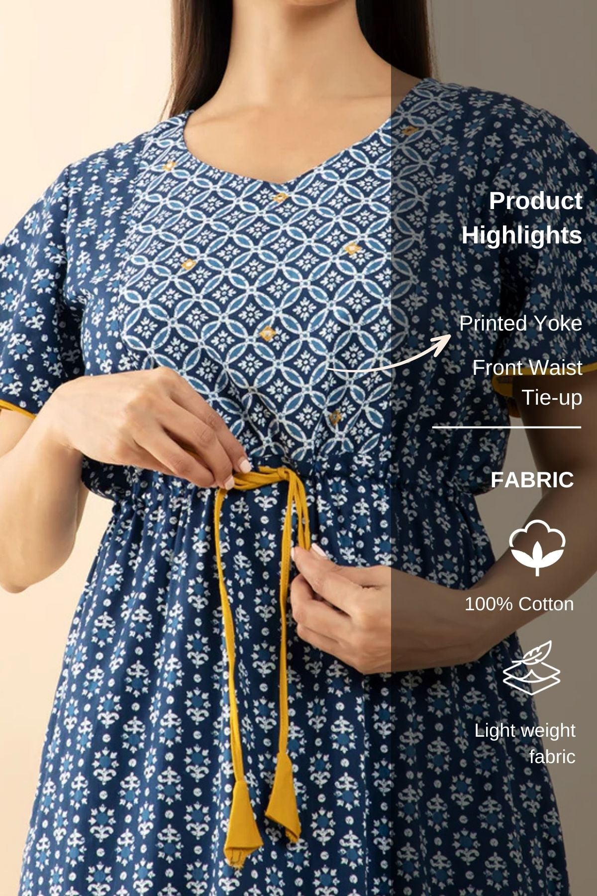 Indigo Printed Cotton Nighty with Waist Tie-up - Blue & Mustard