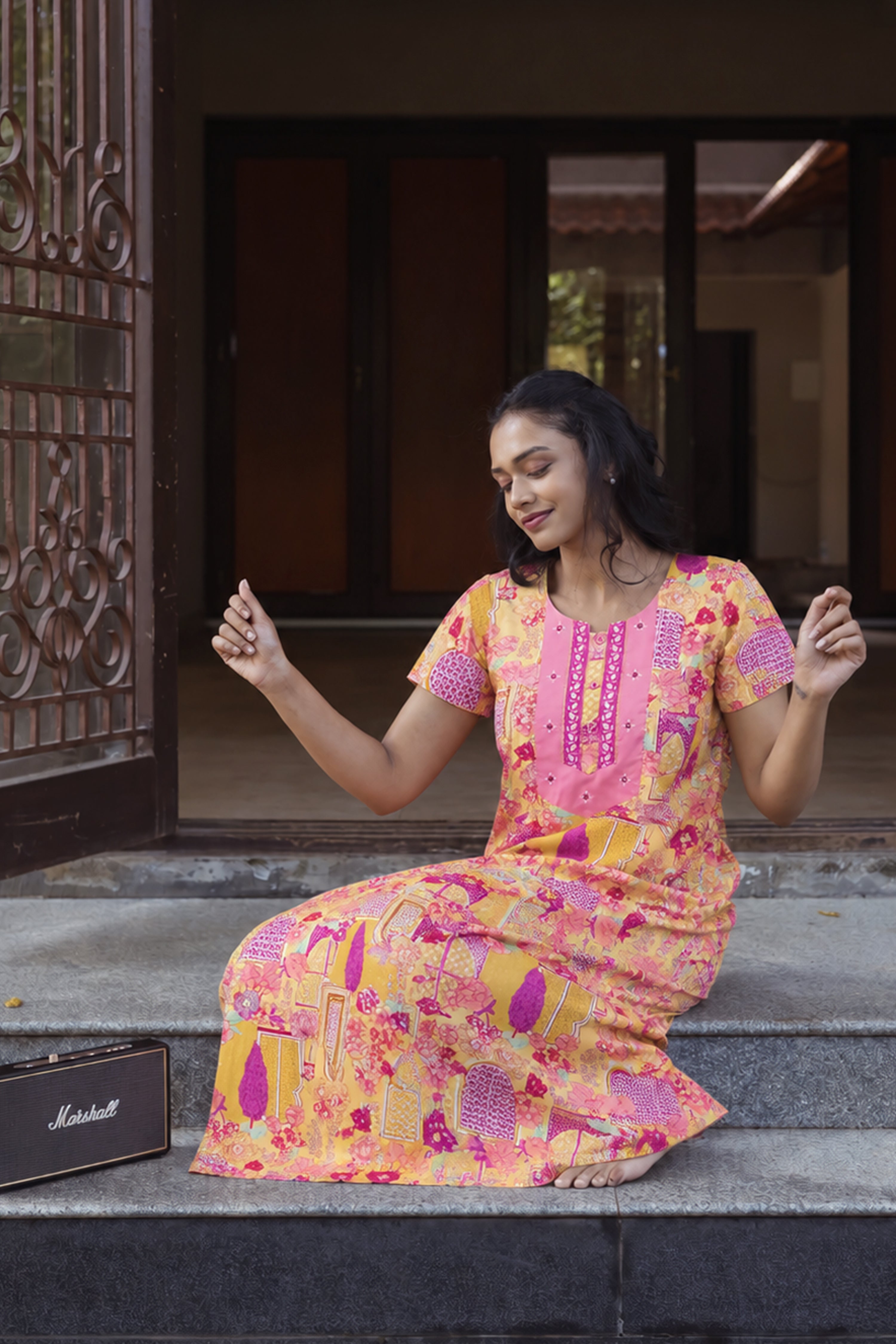 Yellow Jharokha Floral Cotton Nightwear